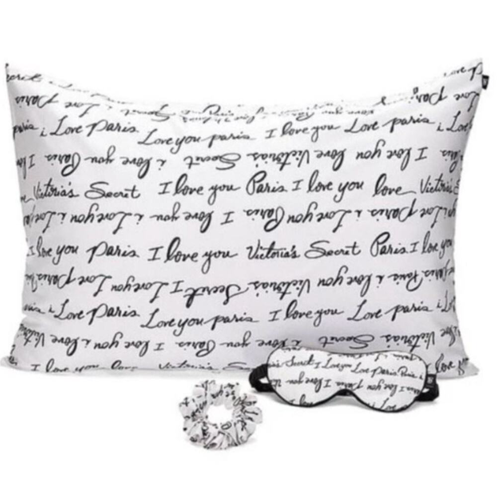 NIB Victoria's Secret Black White Satin Script Gift Set VS I Love You Sleep Set